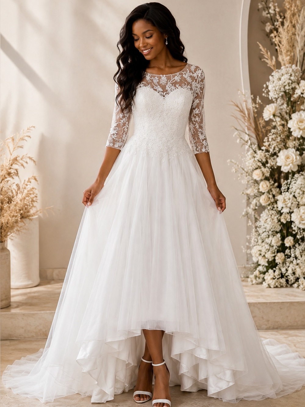 JJs House White Lace Illusion-Back A-Line Wedding Dress